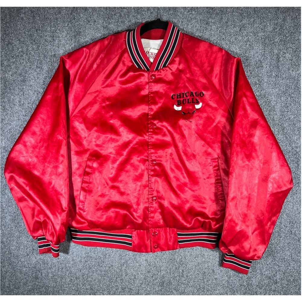 Vintage 80s Chicago Bulls Satin Jacket Red Snap Button NBA Large